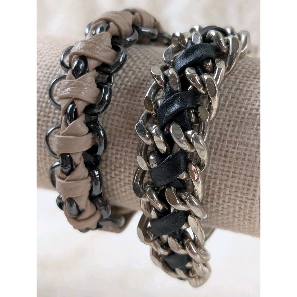 Adornable Leather Bracelet + Chunky Chain Bracelet Black Beige Woven‎ Lot